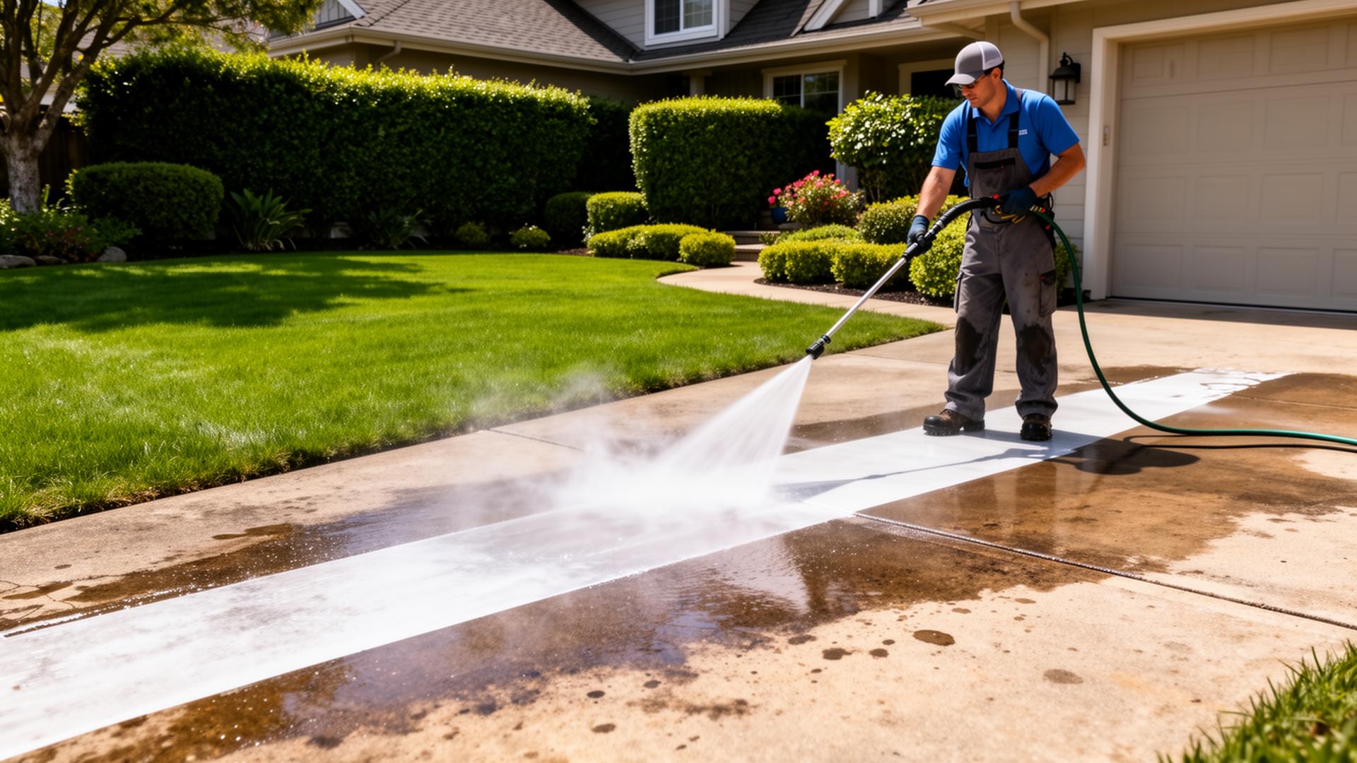 Pressure washing a driveway in front of a landscaped lawn